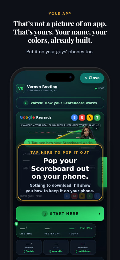 The Blog Scoreboard app, a real live example — already built, ready to carry his own name and colors